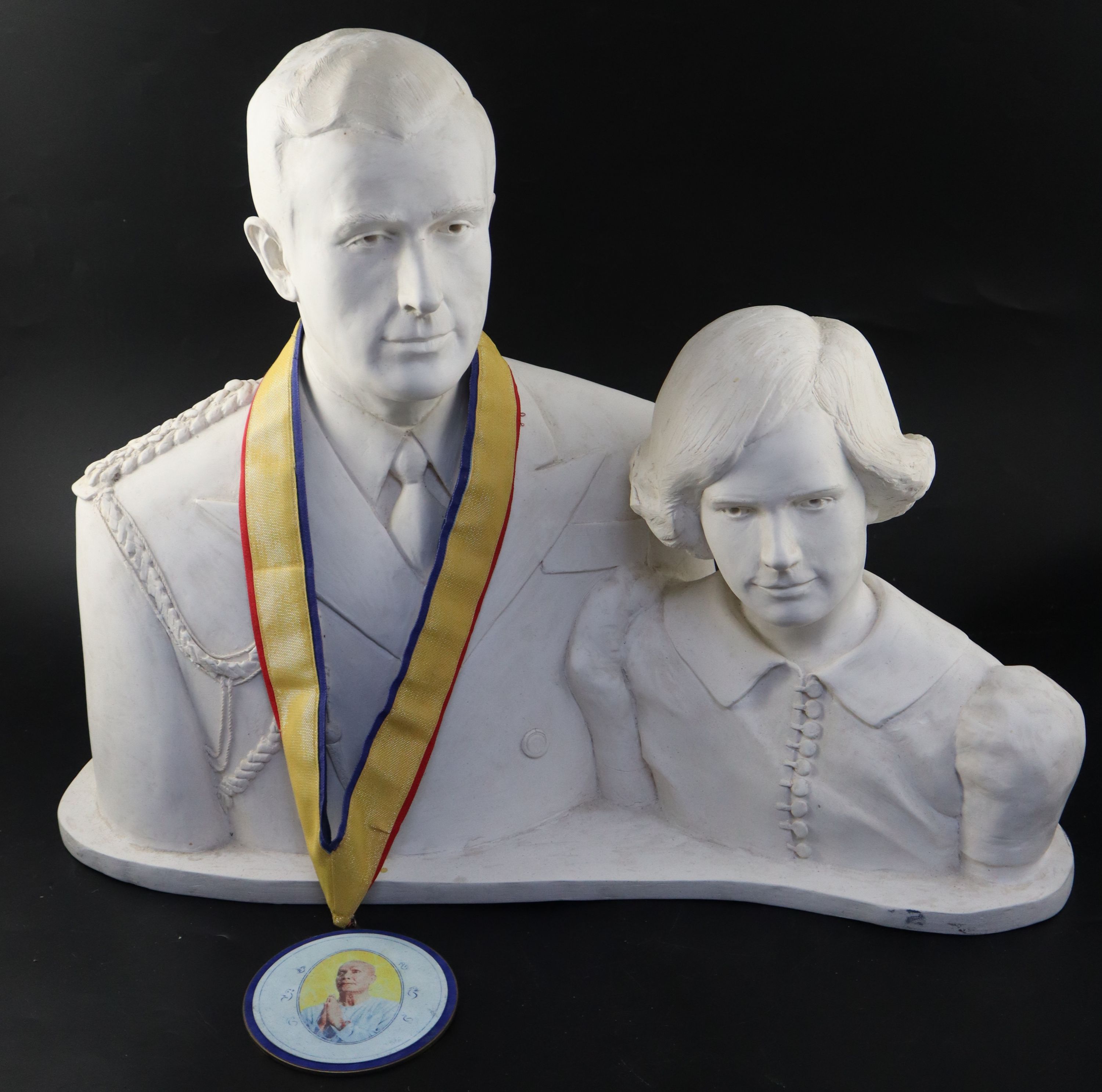 A white plastered fibreglass double bust of Lord and Lady Mountbatten, width 66cm height 51cm
